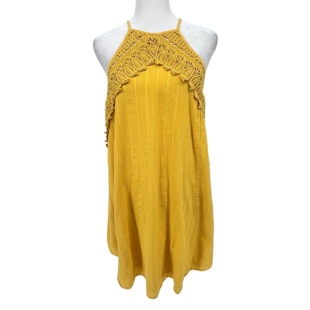 Venus Halter Dress Womens 4 Mustard Yellow Crochet Lace Cotton Mini Summer Boho